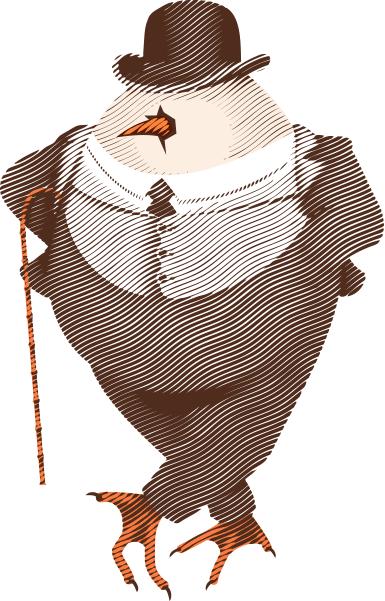 A dandy, stout Egg Man with orange chicken feet, a 3 piece gray pinstrinped business suit, black bowler hat who has a carrot for a nose, steps forward confidently, carrying a cane under his winglike arm.