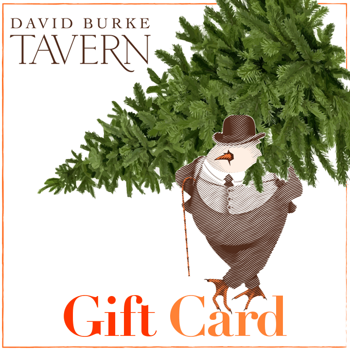 David Burke Tavern Gift Card mascot carrying Christmas Tree